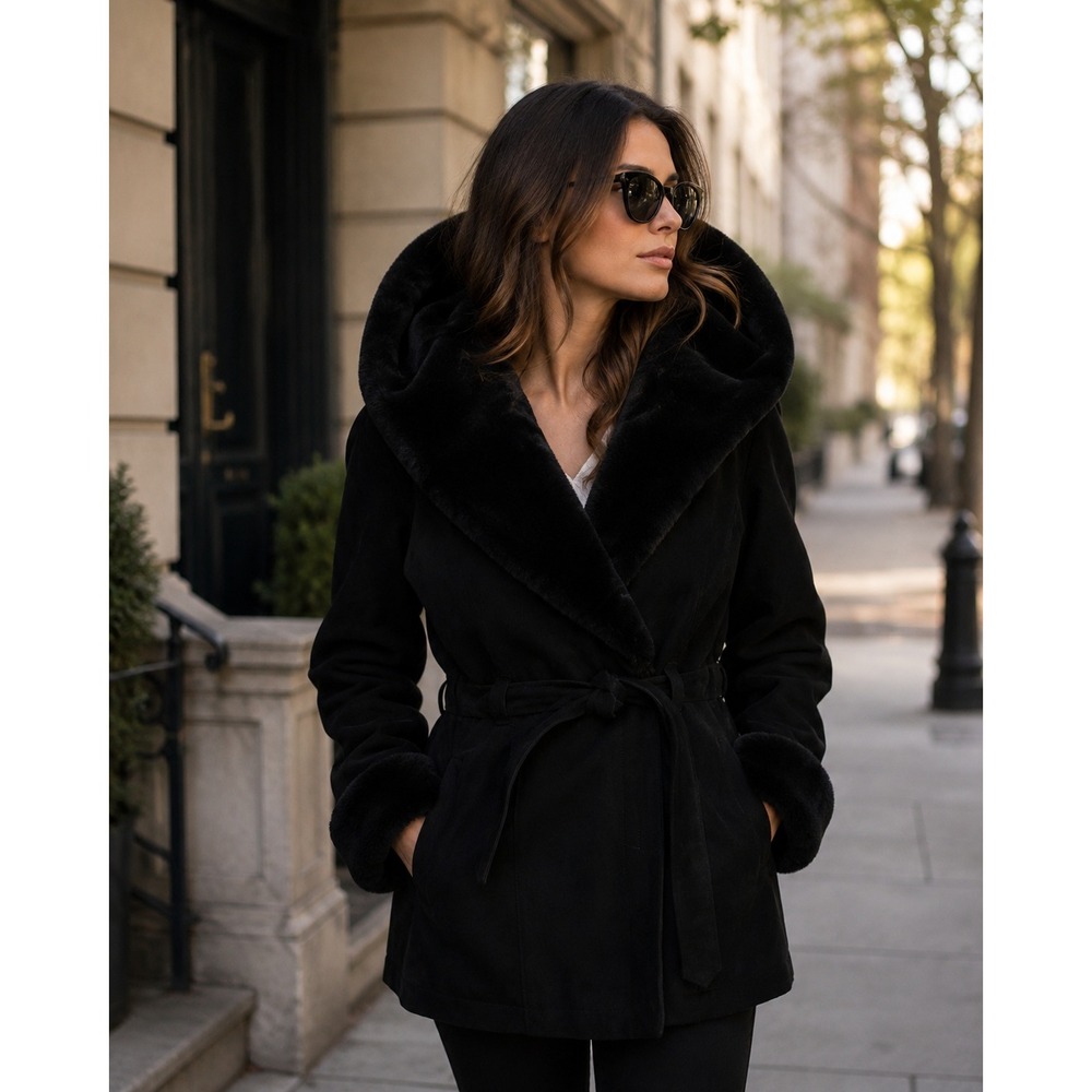 Boundary Waters Black Suede Coat Faux Fur Lined Hooded Belted Parka Size S